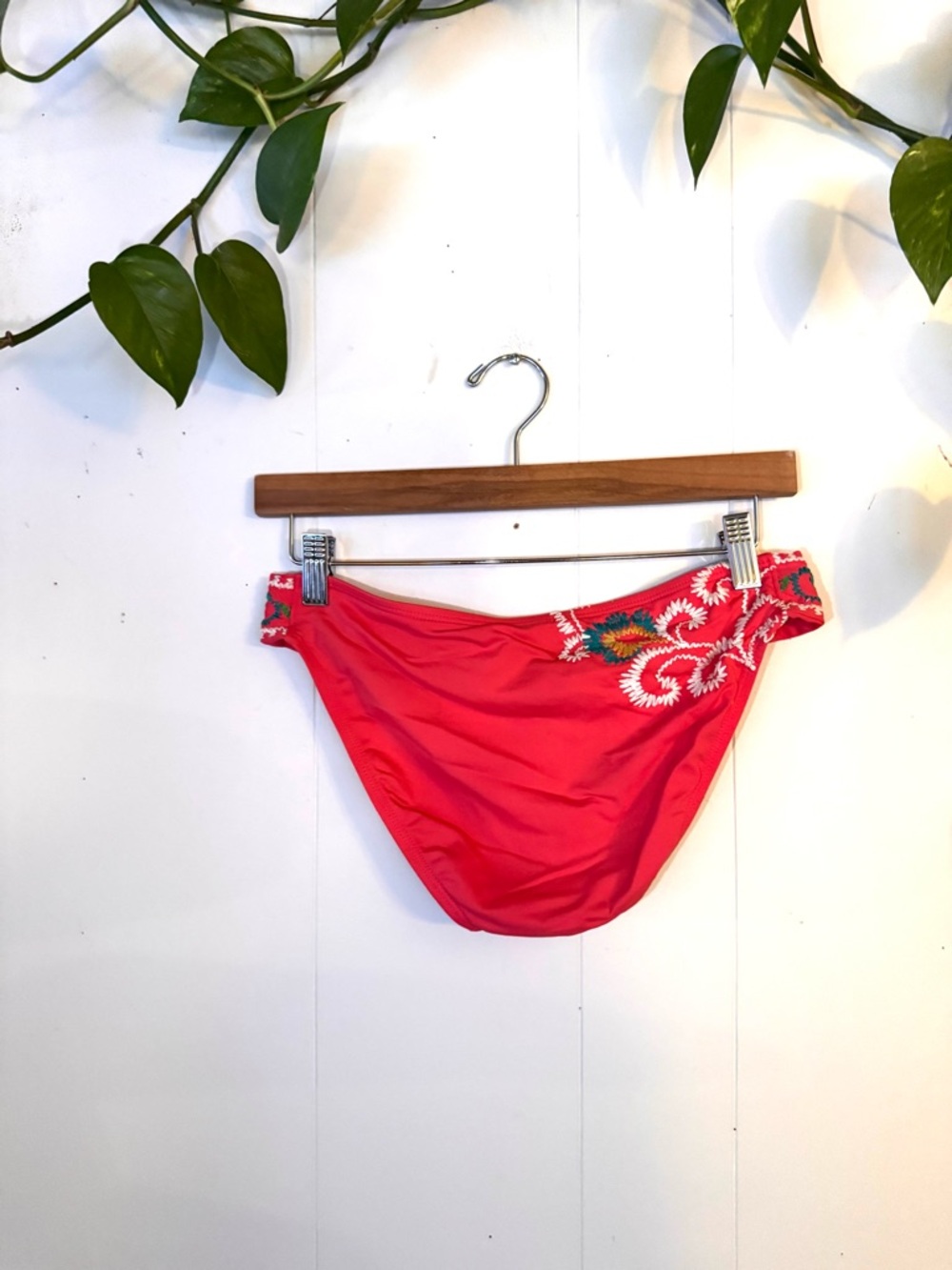Lucky Brand Coral Swim Bottoms with Embroidered Side Detail